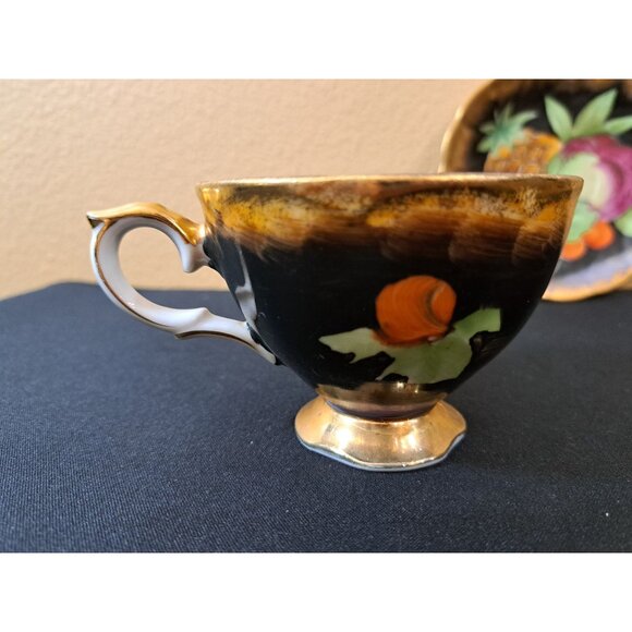 Vintage  Shafford Japan Porcelain Tea Cup & Saucer Fruit  Pinapple Black & Gold - Picture 5 of 11